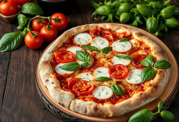 Classic Margherita pizza on rustic wooden board  Italian culinary delight, appetizer, background