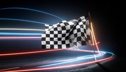 Checkered flag transforming into neon lines