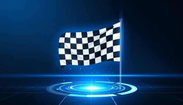 Checkered flag hologram floating in dark futuristic background