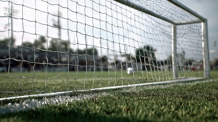 A close-up view of a soccer goal net on a grassy field, capturing the essence of the game and the surrounding environment.
