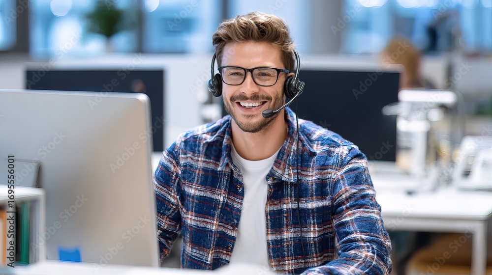 Poster a smiling man with glasses and a headset, working at a computer in a modern office environment.