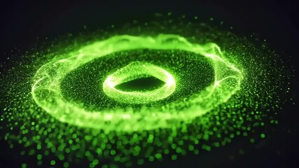 Glowing green particles form a circular energy wave floating in a dark futuristic space. - Powered by Adobe
