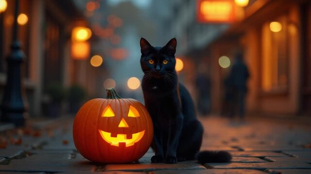 Black Cat and Halloween Pumpkin in a Street Scene.