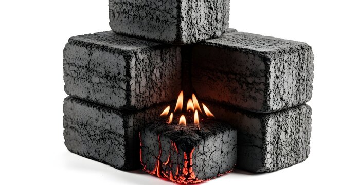 A pile of black briquettes with a flame burning from one of them, placed against a plain white background.