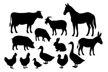 Fototapeta premium Farm and Pet Animal Silhouette Set Outline of Dog, Goat, Cow, Hen, Duck, Horse, rabbit, Donkey for Rustic Design