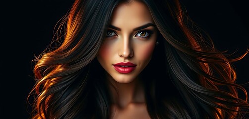 Obraz premium Glamorous portrait, long flowing shiny hair, dark backdrop, beauty, dark background