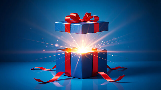A radiant blue gift box with a red ribbon bursts open with bright light and sparkling particles, symbolizing surprise and celebration