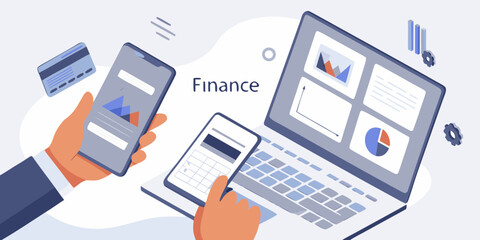Modern finance and business analysis with digital tools like laptop smartphone and calculator