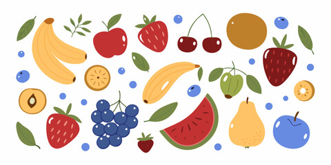 A vibrant collection of colorful cartoon fruits and berries arranged in a playful pattern on a white background