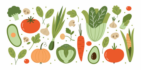 A vibrant collection of fresh vegetables and produce arranged in a decorative pattern on a white background