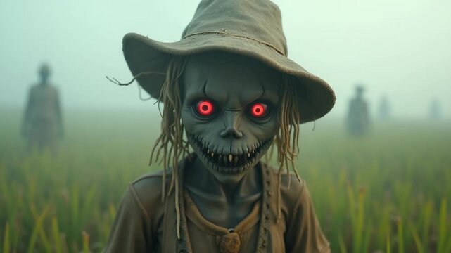 Creepy Scarecrow in Foggy Rice Field.