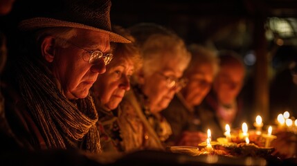 A group of elderly individuals solemnly participate in a candlelit gathering, reflecting a moment of contemplation and connection.
