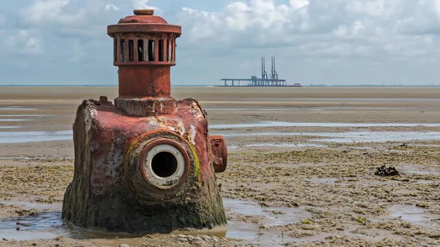A time-worn coastal marker stands on a desolate beach as modern offshore infrastructure looms in the distance