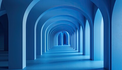 Obraz premium Serene blue interior with arches creating a tranquil corridor, softly illuminated, ideal for relaxation