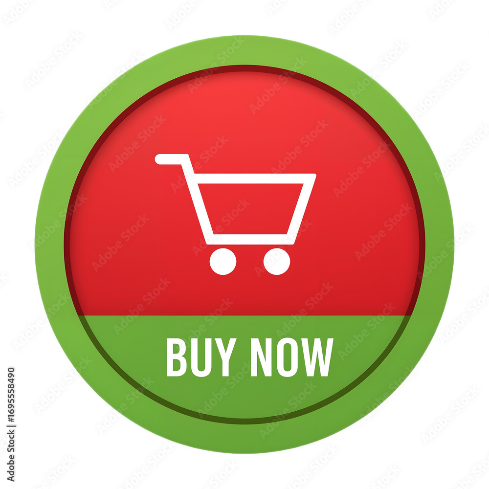 Poster digital graphic of a circular red and green buy now button. this isolated web element features a whi