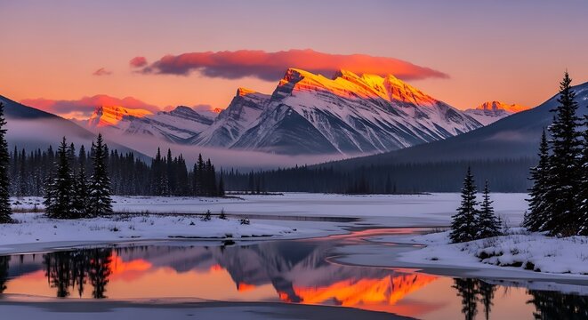 A breathtaking winter sunrise paints the snow-capped mountain peaks with fiery orange hues, reflected serenely in a frozen lake. - Powered by Adobe