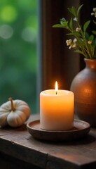 Serene scene of a single candle burning brightly on a wooden surface, surrounded by calming nature elements  Perfect for self-care, mindfulness, and relaxation themes ,  calm,  nature