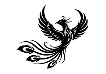 Obraz premium A stylized black phoenix illustration rising with elegant wings, representing rebirth and immortality in a powerful tribal tattoo design