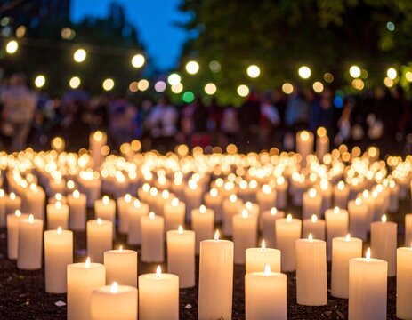 Many glowing white candles burning in the dark during a memorial vigil ceremony.