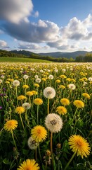 Obraz premium A vibrant field of dandelions, showcasing fluffy seed heads against a backdrop of rolling hills and a beautiful sky filled with clouds.