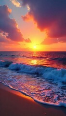 Serene ocean sunrise paints the sky with vibrant hues of orange, pink, and gold Tranquil waves gently lap the shore as the sun ascends A breathtaking start to a new day , glow, landscape, calm