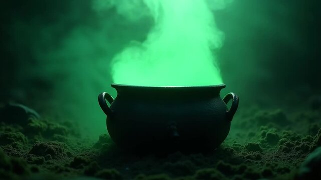 Mysterious green potion bubbles in a cauldron on Halloween night.