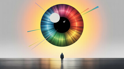 A lone figure stands before a colossal, vibrant rainbow eye, symbolizing profound vision, awareness, and introspection in a surreal digital landscape