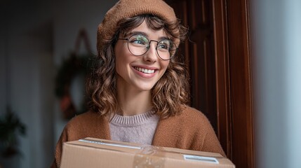 A cheerful woman in cozy attire smiles while holding a package at her front door, embodying the joy of receiving deliveries.