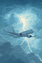 Fototapeta premium Airplane flying through a stormy sky with lightning illuminating dark clouds