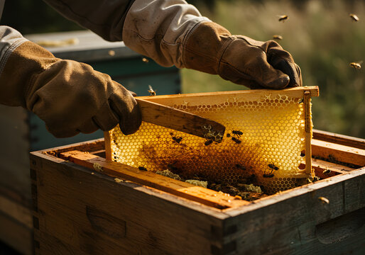 Beekeeper working with honeycomb frame