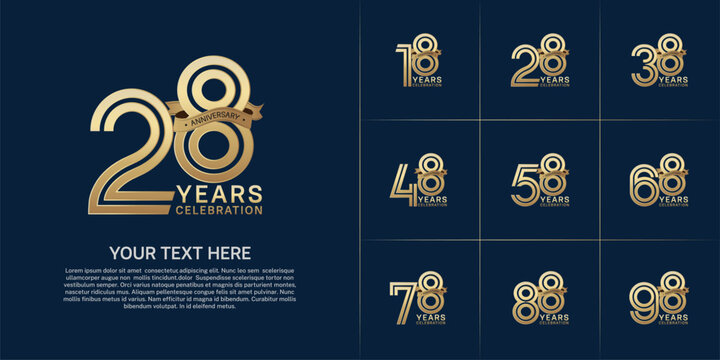 Anniversary logo style double line number set. gold color with golden ribbon for celebration event