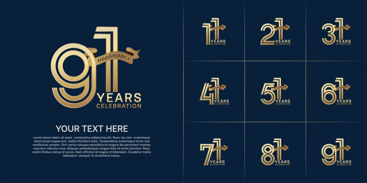 Anniversary logo style double line number set. gold color with golden ribbon for celebration event