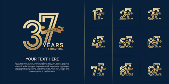 Anniversary logo style double line number set. gold color with golden ribbon for celebration event