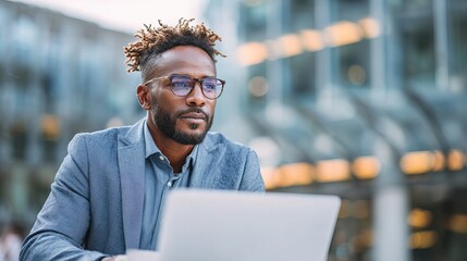A focused man with glasses works on his laptop outdoors, surrounded by a modern architectural backdrop, embodying a blend of professionalism and leisure.
