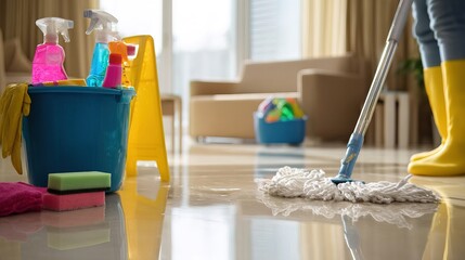 A person is cleaning a shiny floor using a mop, surrounded by cleaning supplies like sprays, sponges, and a bucket in a bright room.