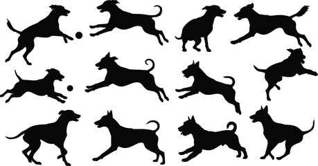 Dog silhouettes collection vector, running and playing pets, jumping active dogs with ball, domestic animal artwork, black canine shape design graphic