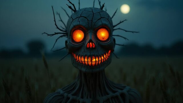 Scary Scarecrow with Glowing Eyes in a Field at Night.