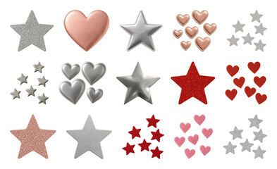 PNG Metallic hearts stars collection, element set on transparent background