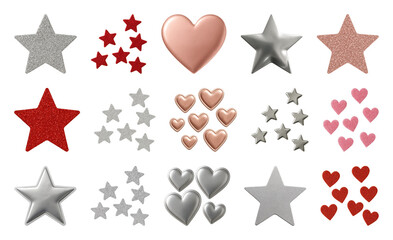 PNG Metallic stars hearts collection, element set on transparent background