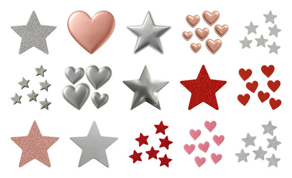 PNG Metallic hearts stars collection, element set on transparent background