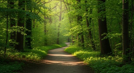 Fototapeta premium A sun-drenched forest path winds through lush greenery, casting soft shadows on the ground.