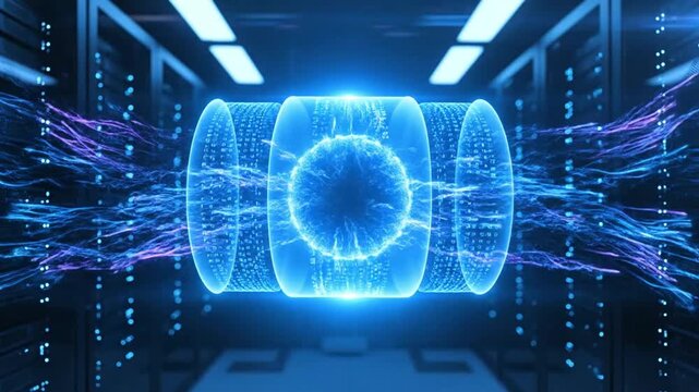 Glowing blue core of a next-generation quantum supercomputer processing complex data streams within a futuristic server farm hall