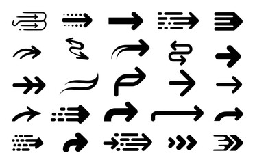 Collection of Diverse Black Arrow Icons and Symbols on White Background