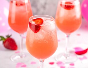 Three glasses of vibrant pink cocktail garnished with strawberry slices, ice, and bubbles.  Romantic ambiance with scattered pink hearts and balloons