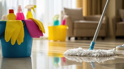 A cleaning scene featuring a mop, colorful cleaning supplies in a bucket, and a well-lit room, highlighting a vibrant home cleaning atmosphere.