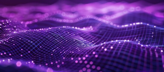 Abstract visualization of flowing purple waves with glowing particles and grid patterns