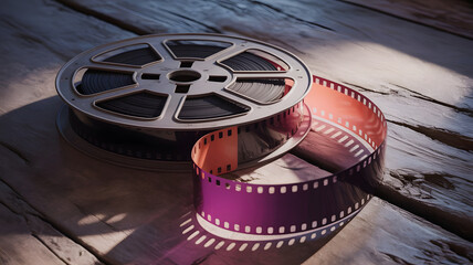 Reel Story: A classic film reel sits on a rustic wooden surface, its vibrant film strip unwinding gracefully. The scene encapsulates the essence of filmmaking.