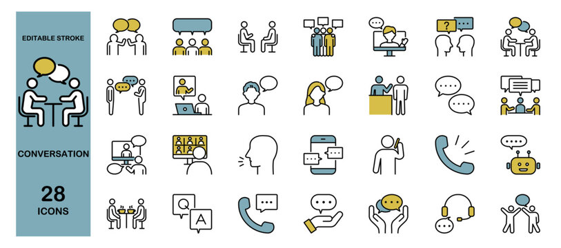 Conversation and Communication Icon Set. Editable stroke. Colored vector illustration.
