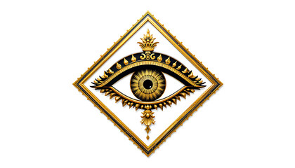 A masonic all seeing eye symbol in a square frame with gold and black accents on a white background silhouette