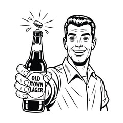 Black and white illustration of a man holding a bottle of Old Town Lager beer.